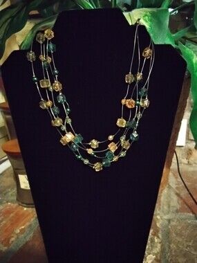 Multi-Strand Green and Champange Bead  Illusion Necklace - Women Jewelry